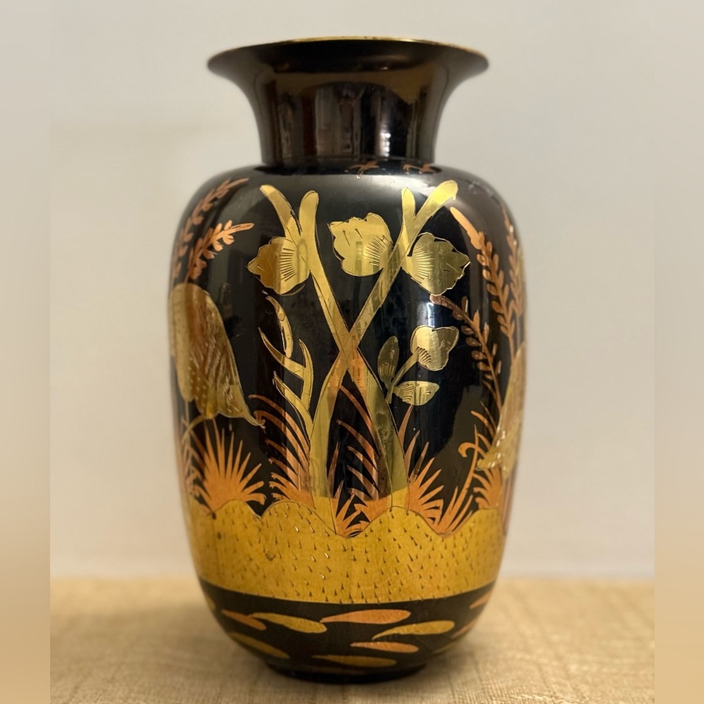 Vintage Brown Brass Vase Brass/copper etched swan like birds Terry Bear - India